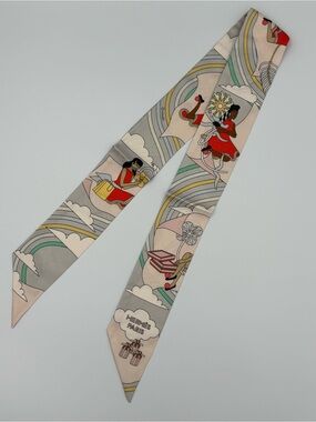 Hermes Carres Volants Twilly Scarf Gris Perle Gray Figures Rainbow Silk